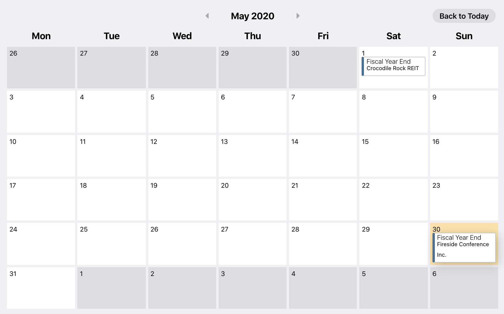 example compliance calendar with filters applied