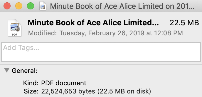 minute book file size info panel