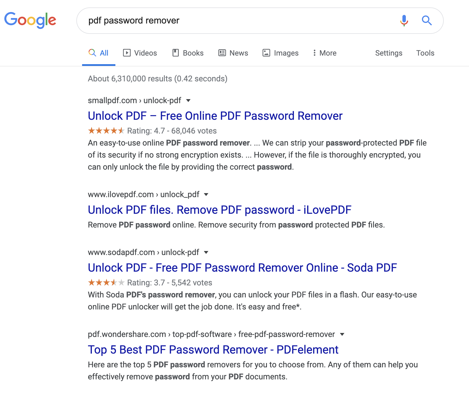 google search result showing pdf password remover results